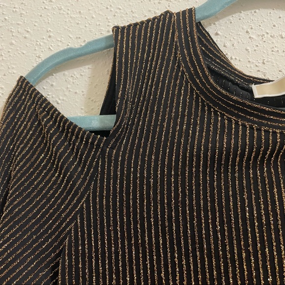 Michael Kors Black and Metallic Stripe Cold Shoulder Long Sleeve Top Blouse - Picture 7 of 13